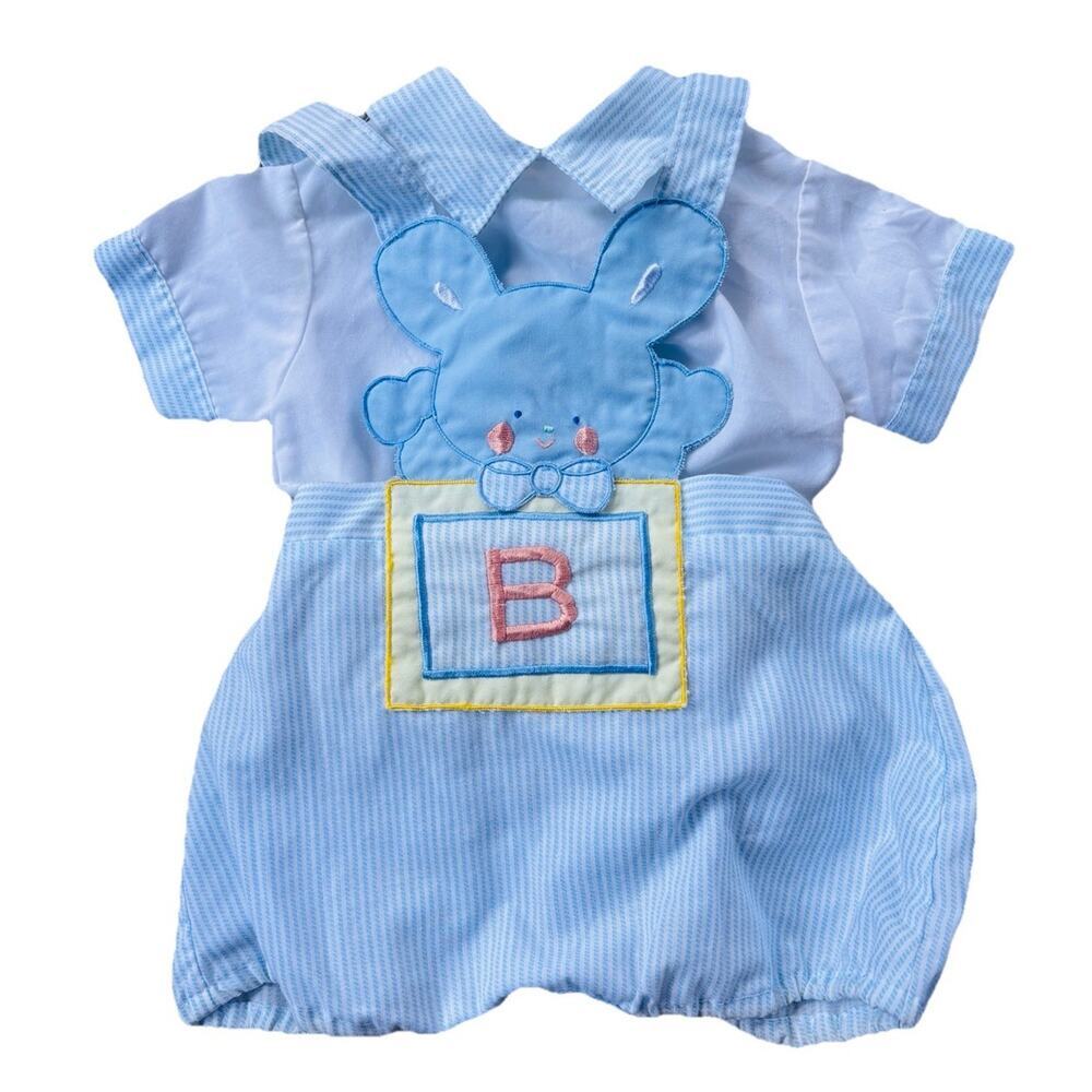 Vintage Mayfair Baby Boy Blue Shorts Shirt Overalls Teddy Bear Outfit 6 To 9 Mo